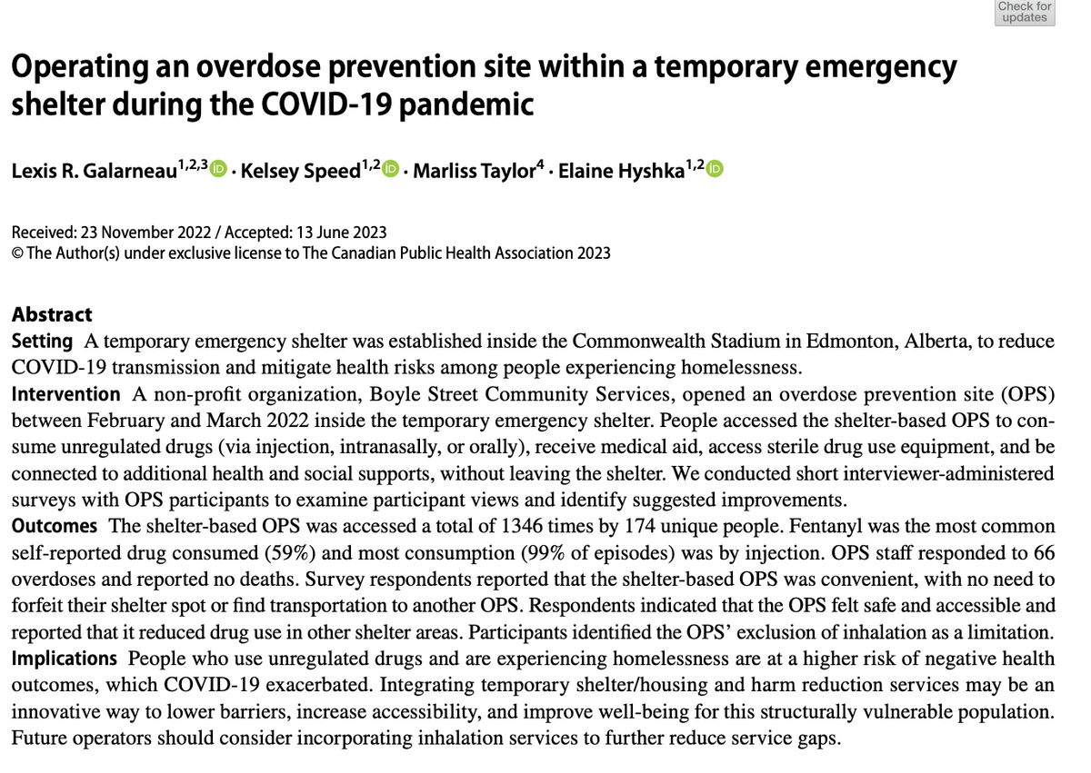Elaine Hyshka (@ehyshka) on Twitter photo Our new practice article in <a href="/CJPH_RCSP/">Canadian Journal of Public Health</a> illustrates how to set up an overdose prevention site within a temporary emergency shelter. Similar models could be quickly deployed to respond to ⬆️ toxic drug deaths + ⬆️unsheltered homelessness across Alberta cities this summer. Our new practice article in <a href="/CJPH_RCSP/">Canadian Journal of Public Health</a> illustrates how to set up an overdose prevention site within a temporary emergency shelter. Similar models could be quickly deployed to respond to ⬆️ toxic drug deaths + ⬆️unsheltered homelessness across Alberta cities this summer.