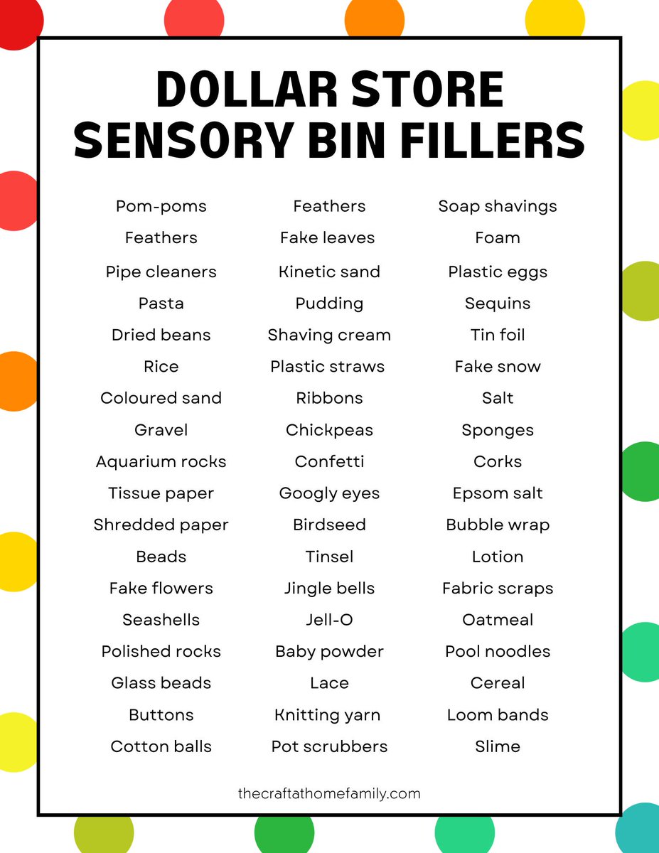 Looking for budget-friendly sensory bin filler ideas? Try these 50+ fillers! More info: ow.ly/LlQ350Pcooy Via @thecraftathomefamily #kidsactivities #finemotor #occupationalthearpy #sensoryskills #sensorybin #diyactivities