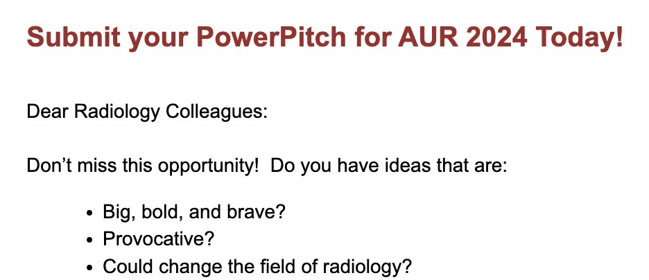 aaradiol's tweet photo. 📣Submit your PowerPitch for AUR 2024 now through 8/4/23 at this link:
https://t.co/9illgNsgX9
The theme for 2024 is the Learning Healthcare System!
#radiology #PowerPitch #radres https://t.co/YJW6Jlo8Ln
