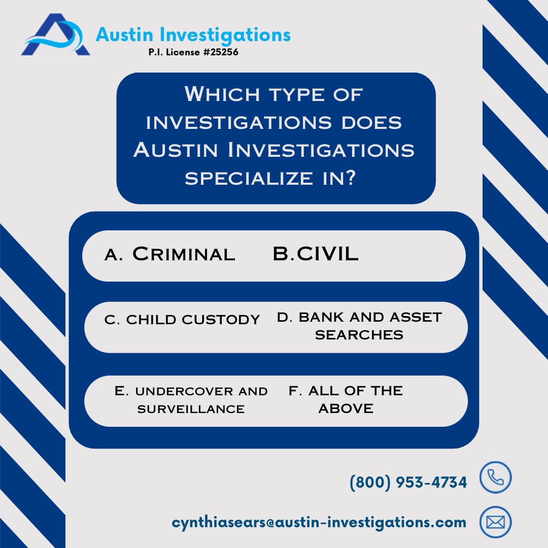 cynthiasears59's tweet photo. π΅οΈββοΈ Question of the Week! π΅οΈββοΈ
Wondering which type of investigations Austin Investigations specializes in?
Stay tuned until Thursday for the big reveal!
#QuestionOfTheWeek #AustinInvestigations #StayTuned #InvestigationExperts https://t.co/ouEiTX1Tss