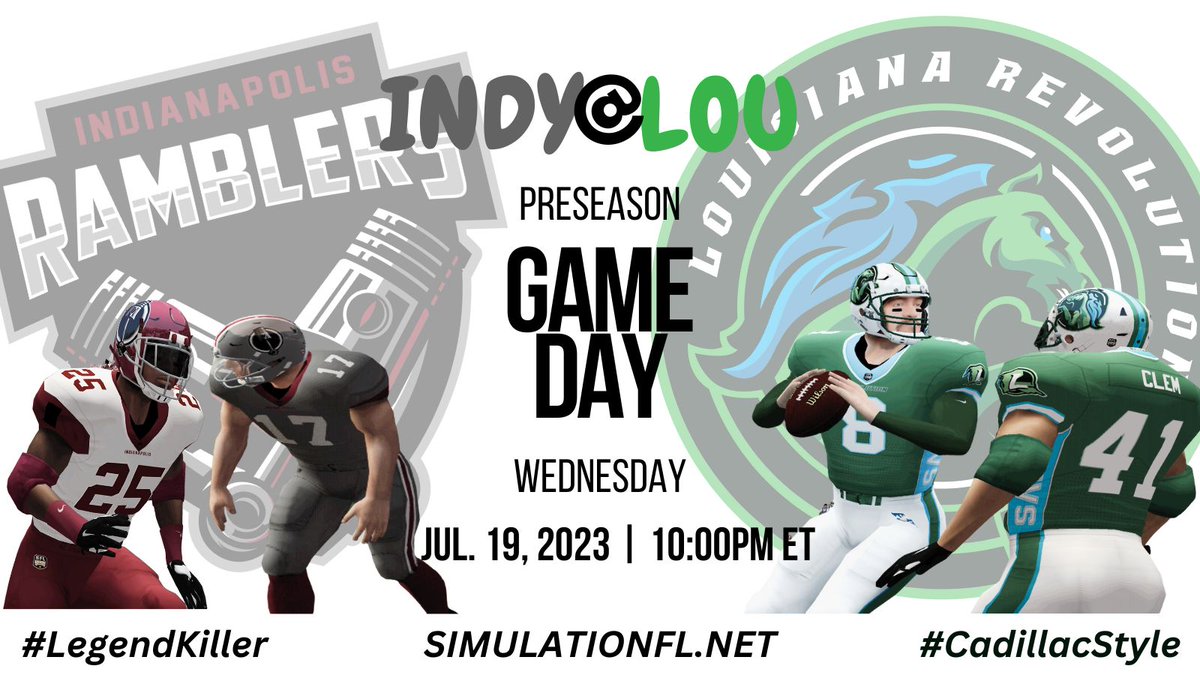 The first game at the revamped <a href="/StackUpDotOrg/">Stack Up</a> Stadium is upon us!!!

Former FS <a href="/TylerFalkSFL/">Tyler Falk</a> travels south with his new <a href="/IndyRamblers/">Indianapolis Ramblers</a> squad to warm up the pads for <a href="/simulationfl/">Simulation Football League</a> S21.

Tune in to see our new RB duo, CG Jr. and Duane Sammons in the Revs green!!

Don't miss! #RevUp