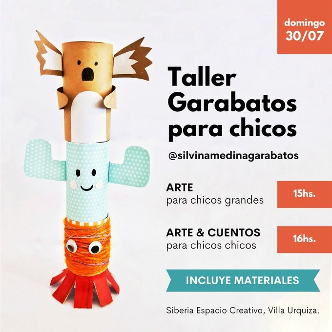 Y les recuerdo!
30 de julio a la tarde en Villa Urquiza.
Taller de arte para chicos. Me escriben por DM o a silvinamedina@gmail.com