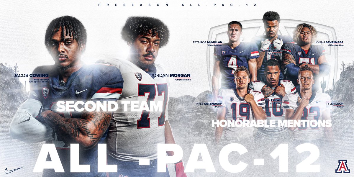 ArizonaFBall's tweet photo. Meet your preseason 𝐀𝐋𝐋-𝐏𝐀𝐂-𝟏𝟐 Second Team and Honorable Mentions 🌟
#ItsPersonal | #DesertFury https://t.co/s6J7kd4c33