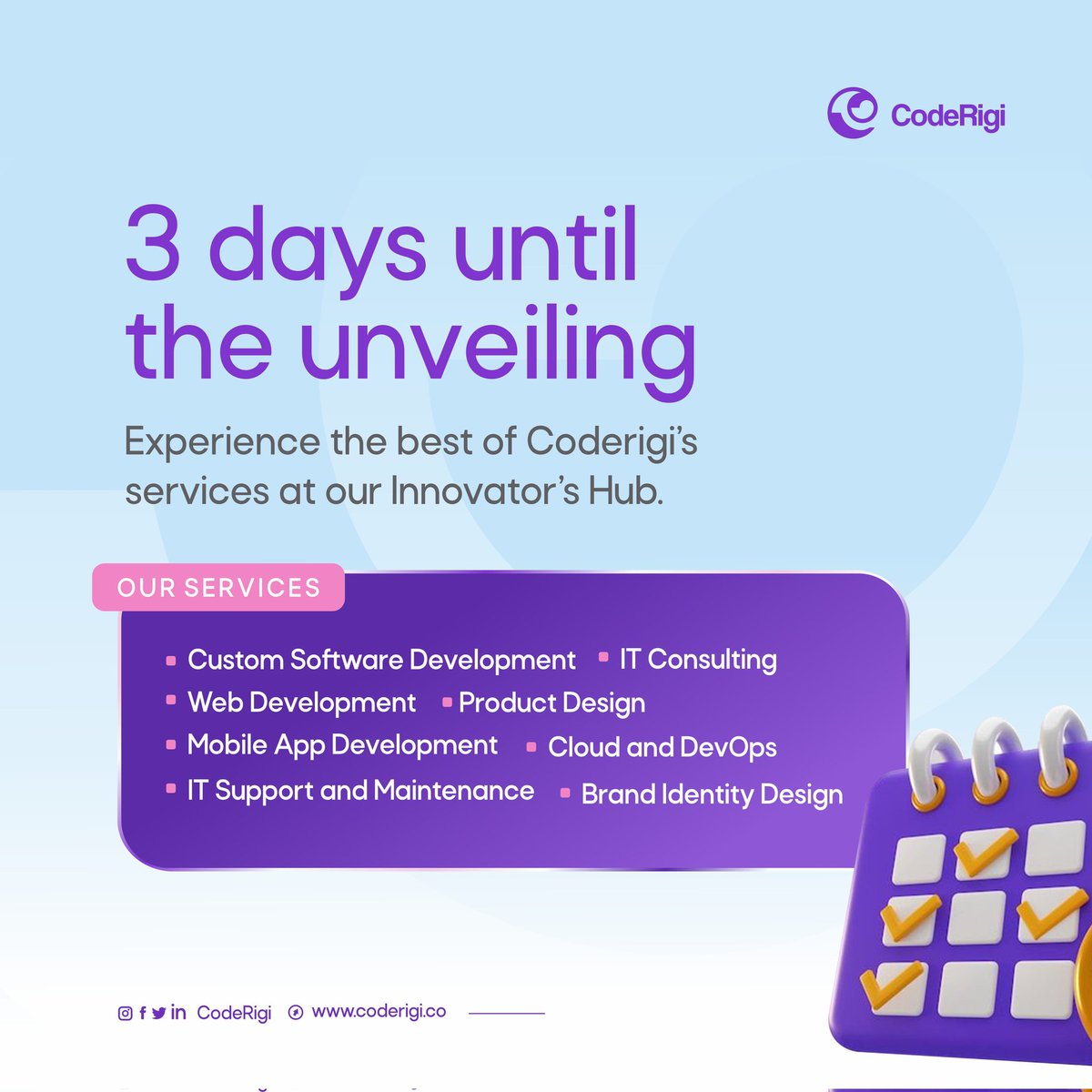 coderigi_'s tweet image. It&apos;s 3 DAYS TO GO!

Did You Know?

The UNVEILING is upon us!

#UYO, CodeRigi is Here!

#CodeRigiUnveiling #UnveilingCountdown #CodeRigi