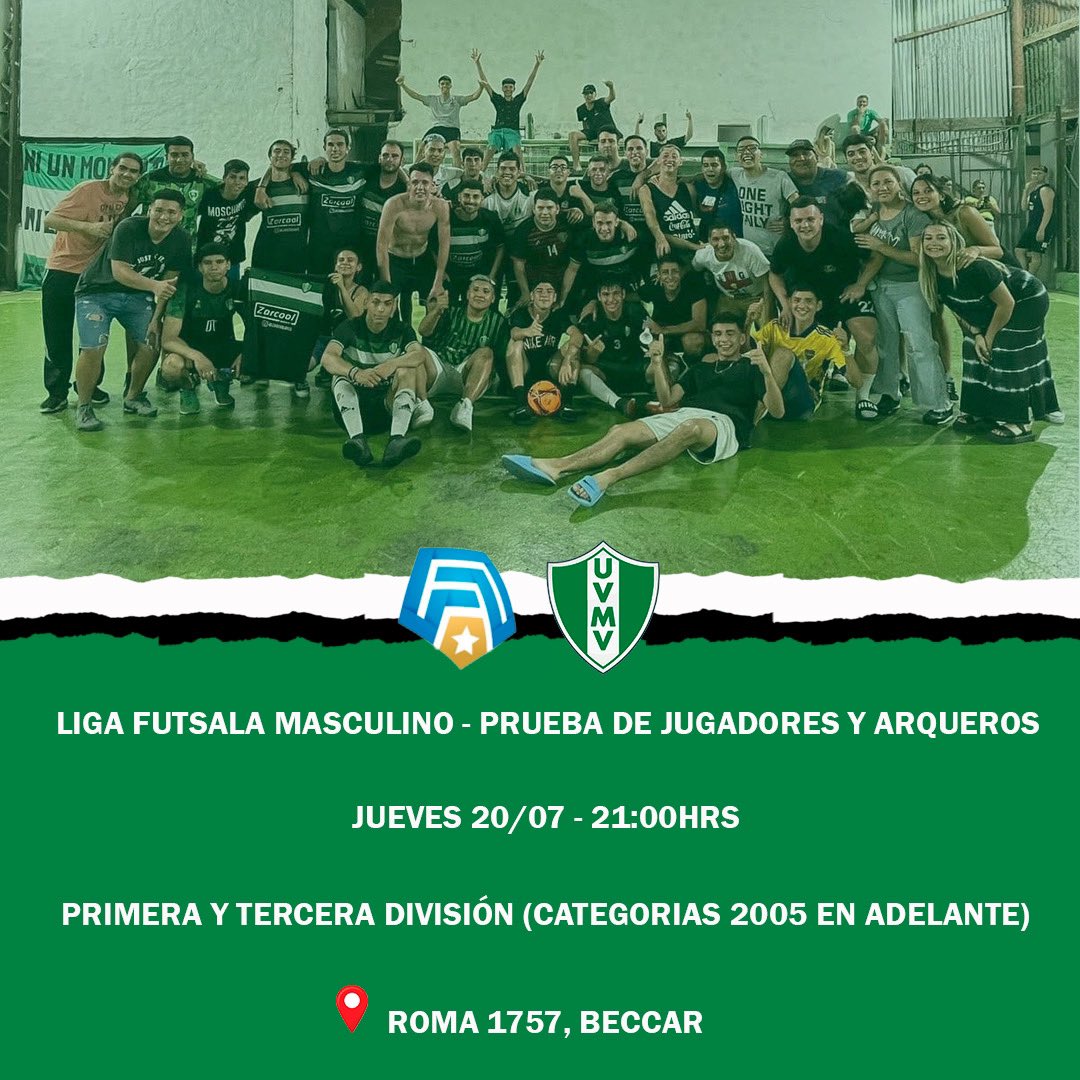 #LigaFutsala ¡Prueba de jugadores y arqueros!

La tira que compite en <a href="/futsala/">Daniel Gerlach</a>.ok estará probando jugadores de tercera y primera división de cara al torneo clausura. Los esperamos! 💪🏻💚

#VamosQueVamos #UVMV2023