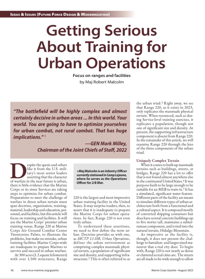 Proud to announce the publication of this article in the August issue of @MCA_Marines Gazette! #urbanwarfare