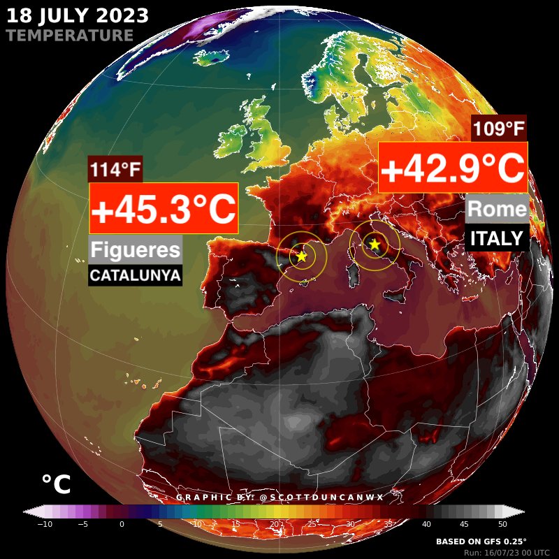 HavaForum's tweet photo. Roma'da 42.9 derece ile tüm zamanların sıcaklık rekoru kırıldı. Katalonya'da ise 45.3 derece ile tüm zamanların rekoru kırıldı. 2023 rekorlar yılı olarak kayıtlara geçmeye devam ediyor... https://t.co/bO5QHXJ7mT