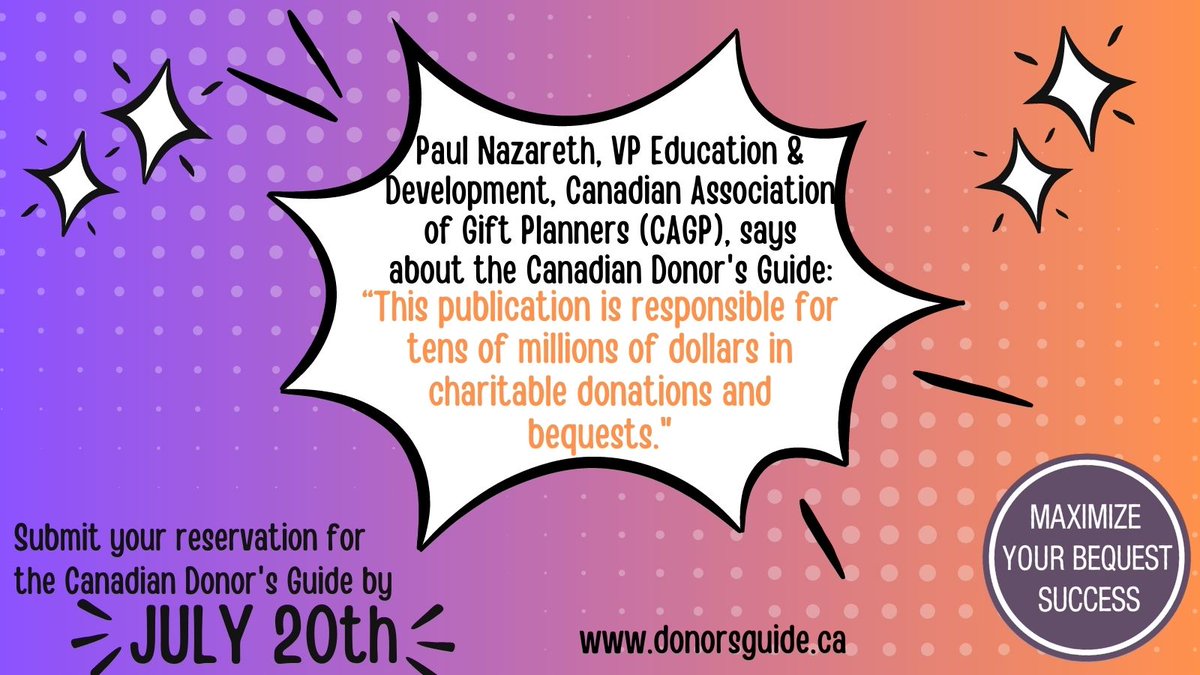 Canadian charities - deadline is July 20 to place your reservation!
Take a look at what Paul Nazareth <a href="/UinvitedU/">Paul Nazareth</a>  has to say about our Guide.
DM us, call us at 705-326-4961, email us info@donorsguide.ca, submit through our members' site at donorsguide.ca/members #giftplanning
