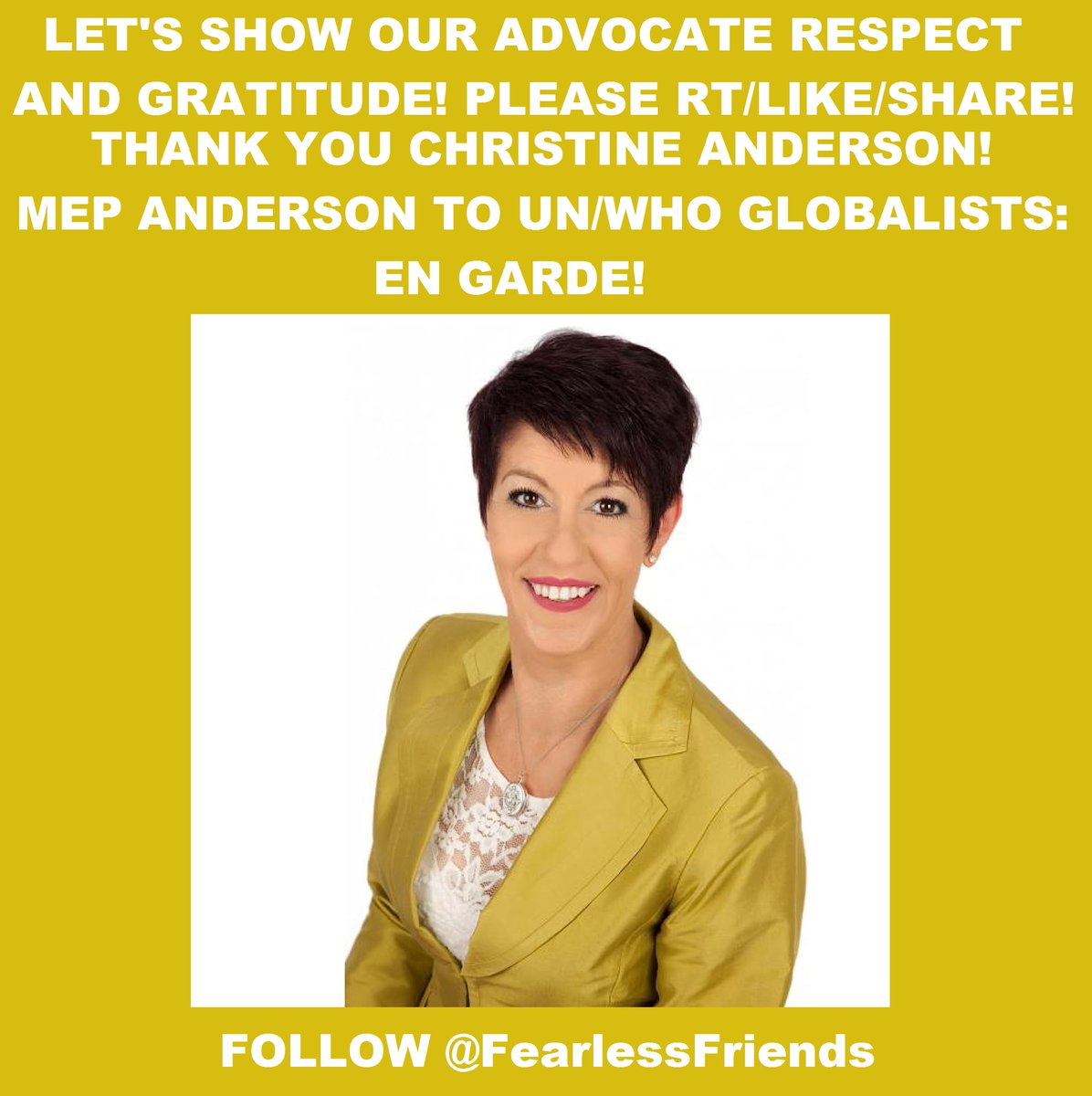 ⚔️ONE OF THE FEW POLS FIGHTING FOR US⚔️!👇

Let's show #ChristineAnderson @AndersonAfDMdEP our admiration♥️respect and gratitude!🙏👇

EVERYONE LIKE✅ RETWEET ✅ & FOLLOW HER!👇