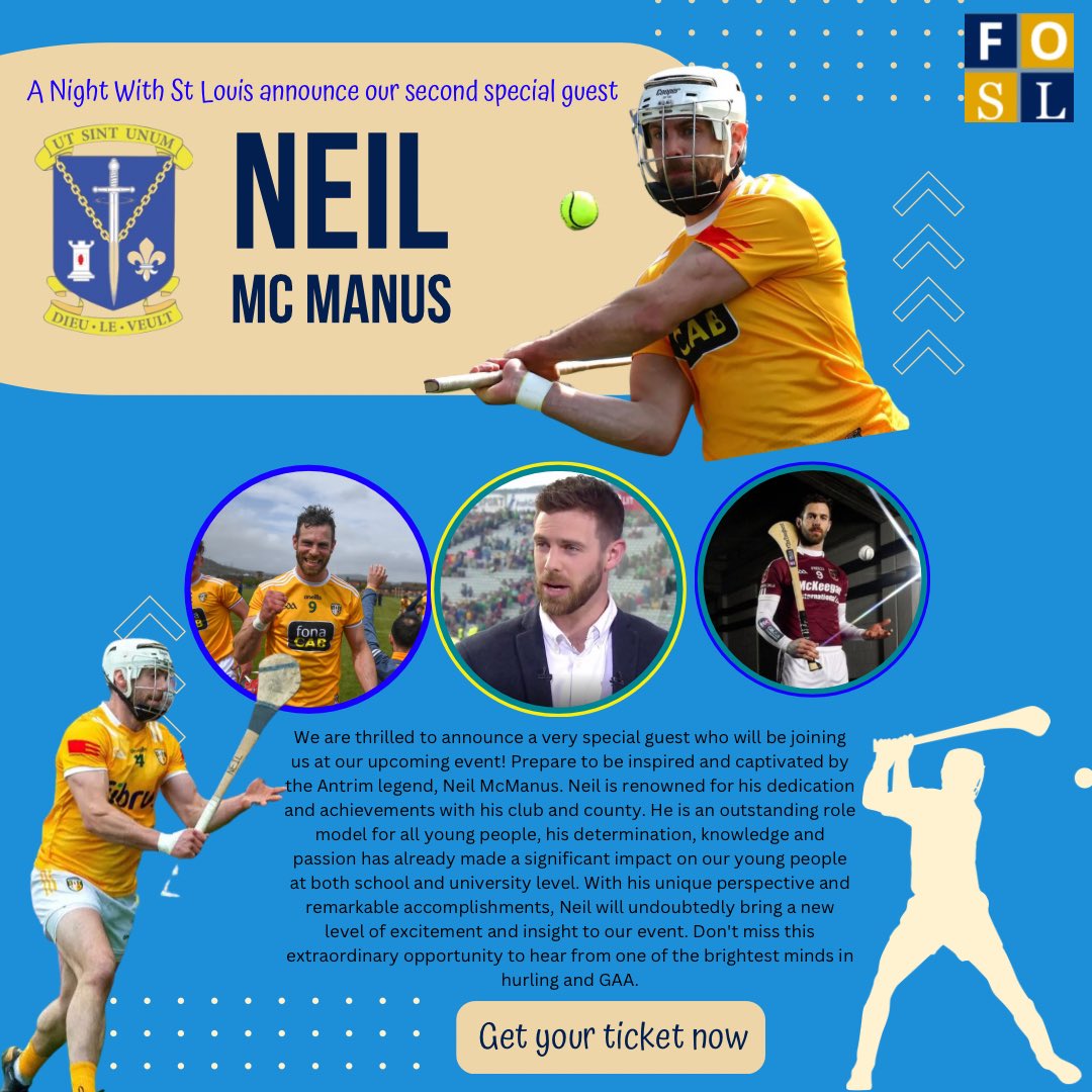 🔵🟡 A Night with St. Louis 🔵🟡 We present our first guest for the night ⭐️ Neil McManus ⭐️ 🎟️ Get your tickets now ☑️ ⏳ Fri 20th Oct 2023 📍@Tullyglass House Hotel @SLGBallymena @Neilmcmanus88 @TheSaffronGael @thomasniblock @AontroimGAA eventbrite.co.uk/e/a-night-with…