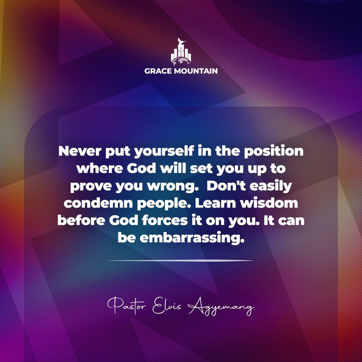 REAgyemang's tweet photo. One of God's powerful way of correcting us is not to deny us of what we condemn, hate or disagree. He sometimes gives us the same experience of the people we thought were wrong in the way they handled something. And then later we are revealed to ourselves how worse off we are than those we condemned. 

One statement I make to myself when analysing my life is, "Elvis you could have done better". When others come to mind, no matter the outcome of their lives, I put myself in their frame and say, "Elvis you can't do better than that. They did their best and deserves your honour." There may even be people who think they could have died better than Jesus on the cross.

Never put yourself in the position where God will set you up to prove you wrong.  Learn wisdom before God forces it on you. It can be embarrassing. 

Pastor Agyemang Elvis