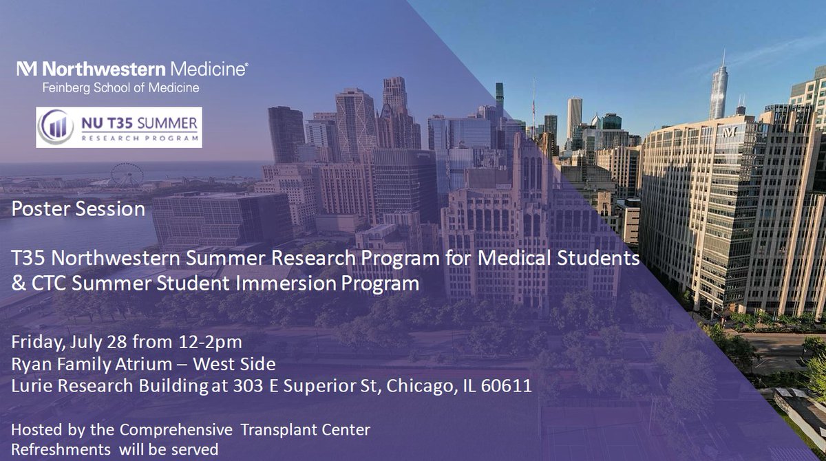 SAVE THE DATE📢
The CTC Annual Poster Session is next Friday, July 28! 

Join us from 12-2PM in the Lurie-Ryan Family Atrium featuring research from the CTCSSIP & T35 Summer Programs!

#MedTwitter #StudentResearch
@NM_Transplant