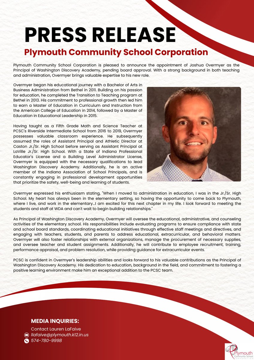 PCSC is pleased to announce the appointment of Joshua Overmyer as Principal of Washington Discovery Academy, pending board approval! #NewPrincipal #WhyPCSC
