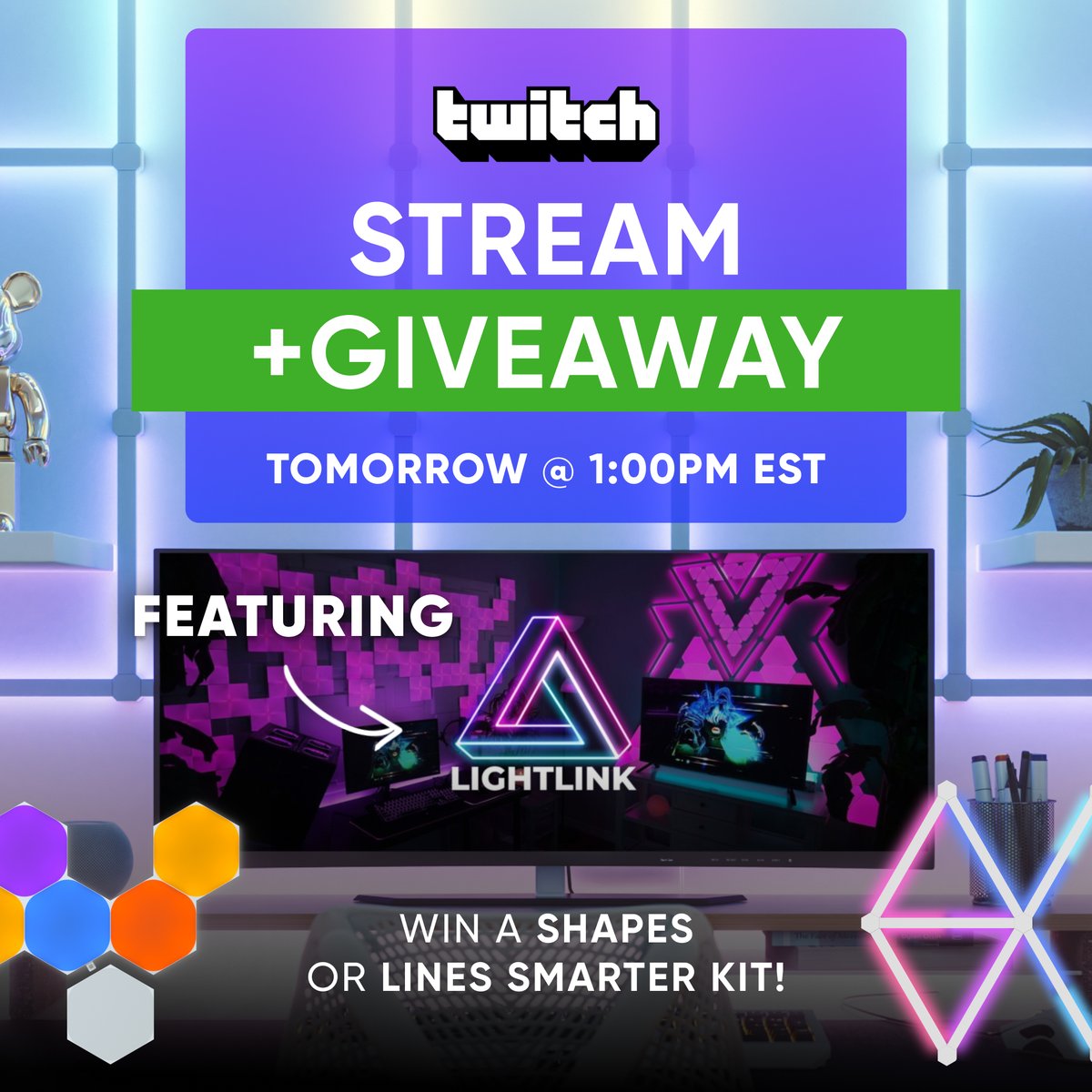 nanoleaf's tweet image. &quot;Can I get free Nanoleafs?&quot; &quot;Free Nanoleafs plz!!&quot;

Ok!😀👍

Join our Twitch Livestream tomorrow at 1PM EST &amp;amp; get a chance to win not only FREE Nanoleaf Smart Lights but also something from LIGHTLINK! 

TUNE IN TOMORROW: twitch.tv/nanoleafoffici…