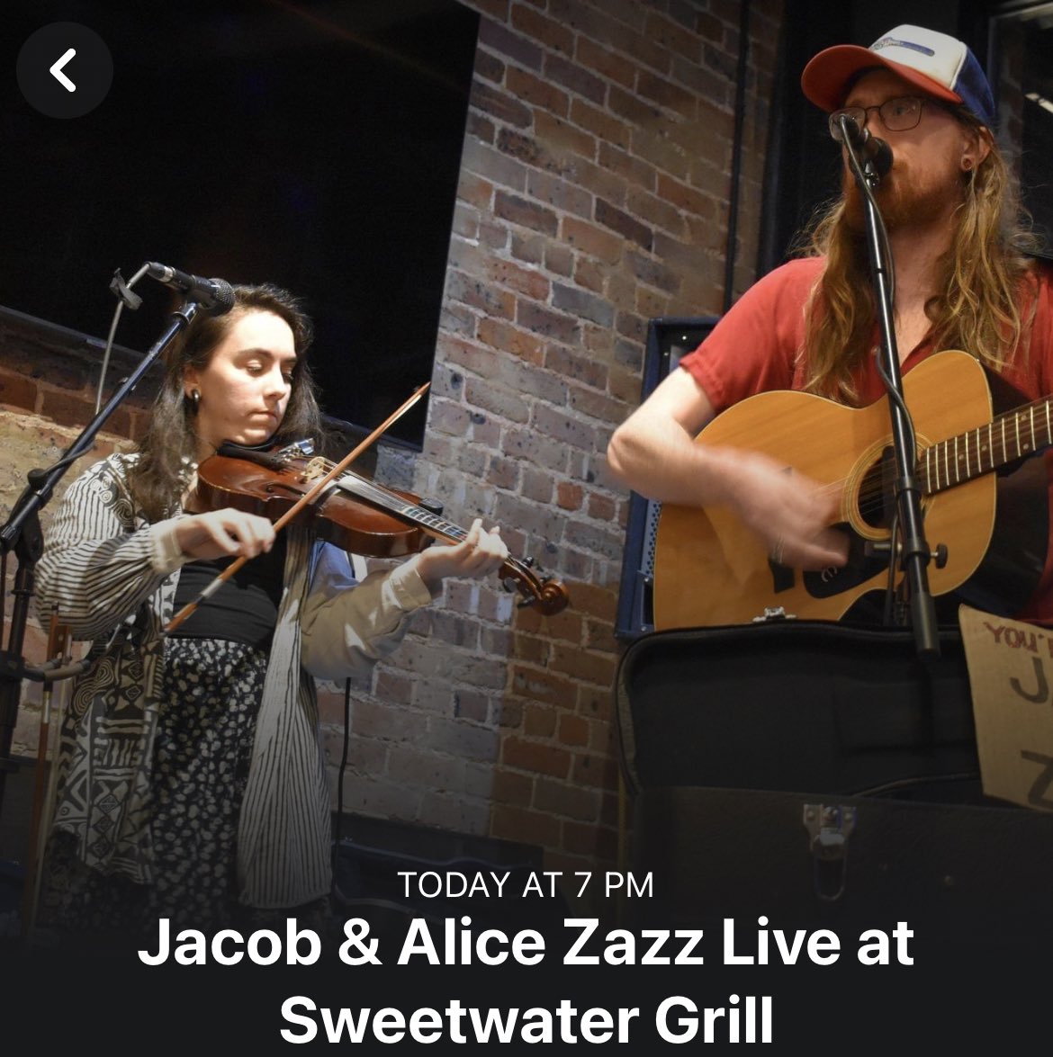 Y’all come hang out with Jacob and Alice Zazz tonight at 7! this duo is great!!
