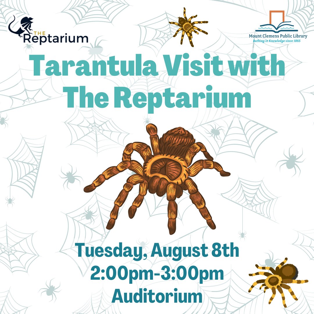mtclibrary's tweet photo. Join us as we celebrate National Tarantula Appreciation Day with The Reptarium on Tuesday, August 8th! 🕷️ They will be educating us on tarantulas, with an opportunity to see live tarantulas up close, and even hold one! This program is for all ages. Registration is not required. https://t.co/TVtfMDgEus