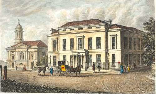 The Assembly and Concert Rooms in Halifax were built in 1828 to a design by John Oates (1793-1831) and this illustration must be shortly after that. It also shows Holy Trinity Church. The Assembly Rooms were demolished in the 1890s. The Church closed in 1956.