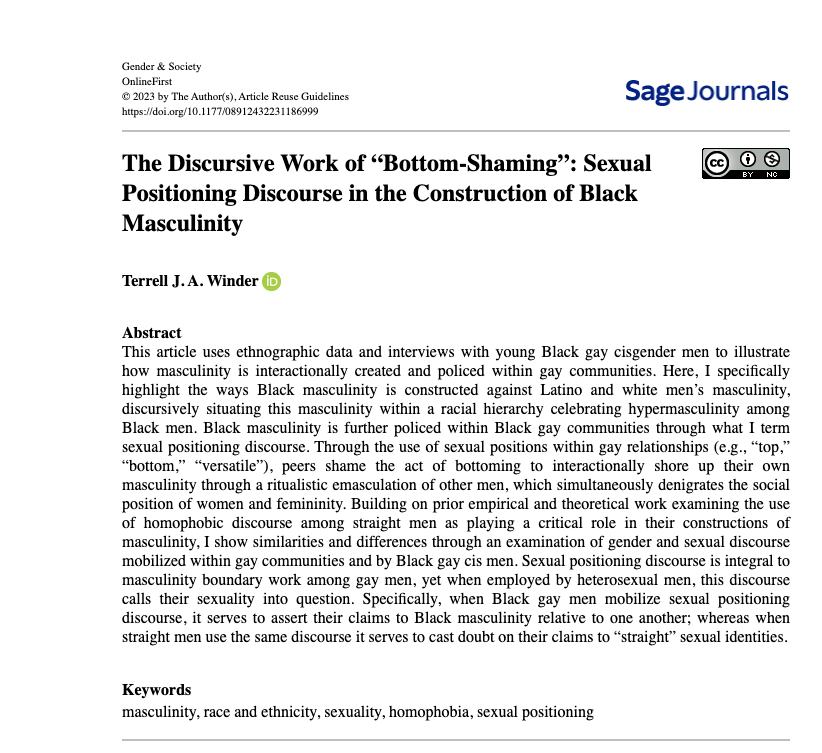 BmoreTerrell's tweet photo. Happy to share my newest paper "The Discursive Work of “Bottom-Shaming”: Sexual Positioning Discourse in the Construction of Black Masculinity". Out now open-access in Gender &amp; Society @Gend_Soc!

https://t.co/xSHEVdZhyC https://t.co/68TJokYMgz
