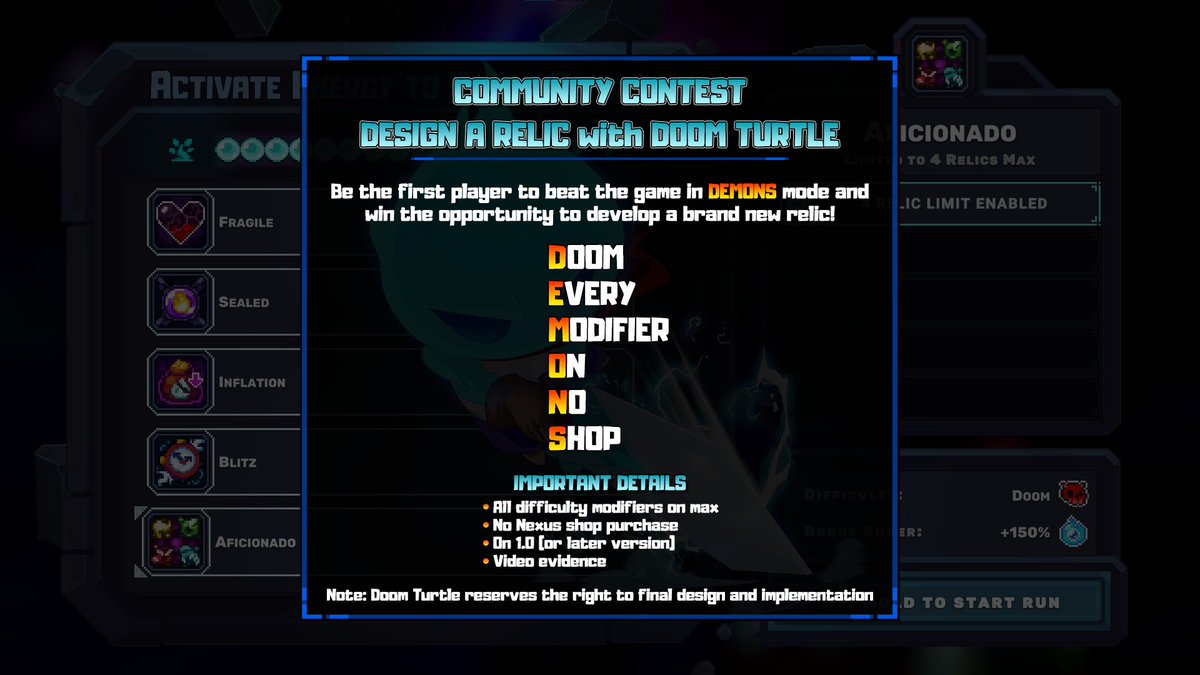 DoomTurtleHQ's tweet photo. 🔥 Community Contest - Design a Relic with us! 🔥

Our Discord community has created the DEMONS challenge. Be the first person to achieve this and win an opportunity to design a NEW RELIC with us! Good luck!

Details⬇️⬇️⬇️
https://t.co/o08c3xSX8h

#Contest #gamedev https://t.co/lQBrti39Z4