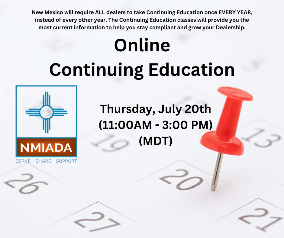 NMIADA1's tweet photo. The Continuing Education classes will provide you the most current information to help you stay compliant and grow your Dealership. You can go to our website or register at https://t.co/4qfdx3ELfa

#NMIADA #ContinuedEducation https://t.co/BKVthVJj9j