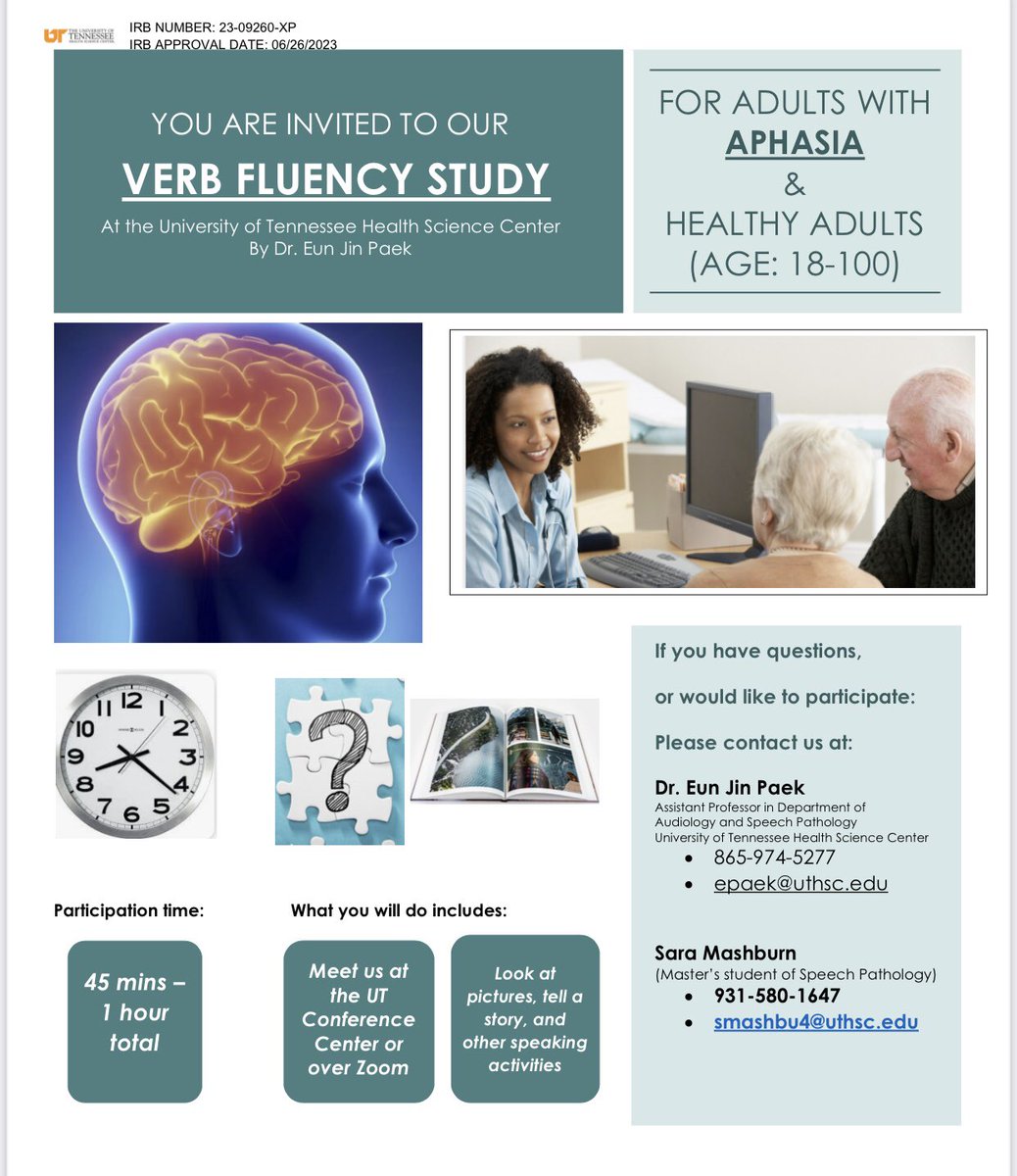 uthscAudSpeech's tweet image. This study is seeking a variety of adult participants. If you or someone you know fits the description provided, please contact our researchers. Thank you! @uthsc @UTHSC_COHP 
#aphasiaresearch