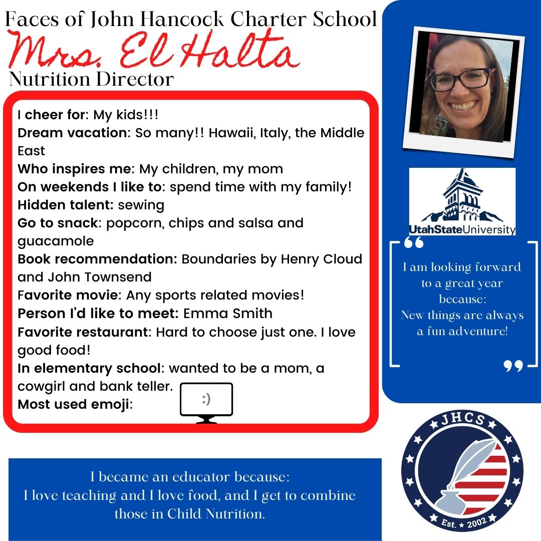 Meet Mrs. El Halta!  We are so excited to be offering school breakfast and lunch!

#JHCSPatriots #BestSchoolInUtah #WeLoveOurSchool #LearningIsFun #GrowthMindset