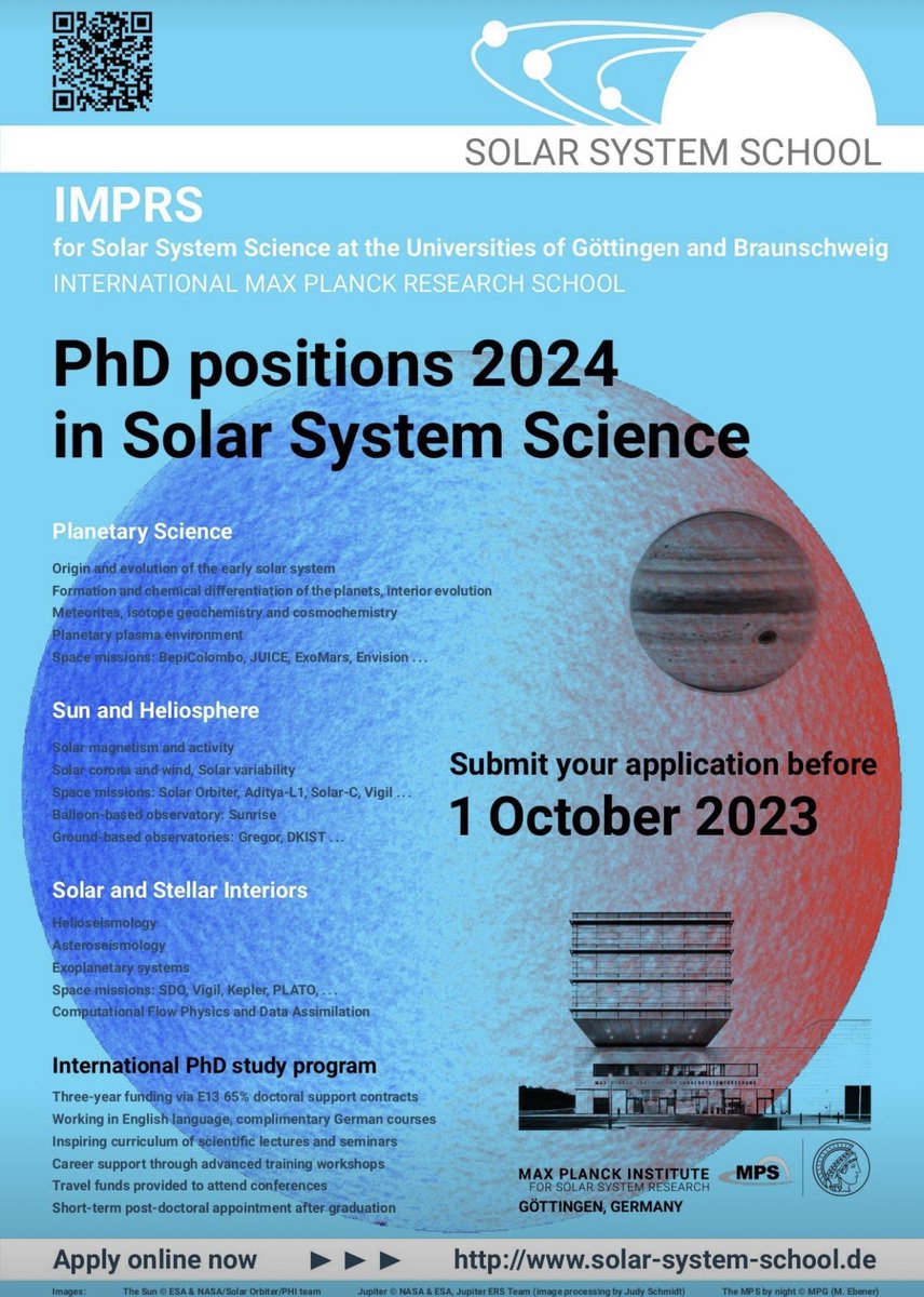 A leading institute in #SolarPhysics and #planetary research, the @mpsgoettingen in #Goettingen is involved in numerous international #space missions. The Solar System School #IMPRS offers a research-oriented #PhD doctoral program in #SolarSystem science: mps.mpg.de/phd/applynow