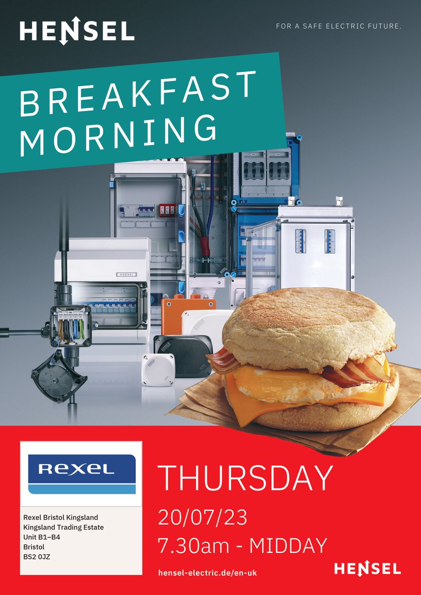 RexelSouthWest's tweet image. *** BREAKFAST MORNING ***

Join Matt Bailes from Hensel Electric UK Ltd at our Rexel Bristol Kingsland Branch this Thursday 20th July - 7:30am to 12pm ☕

#hensel #rexelsouthwest #electrician #contractor #electricalwholesale #electrical #installer #rexel #breakfastmorning