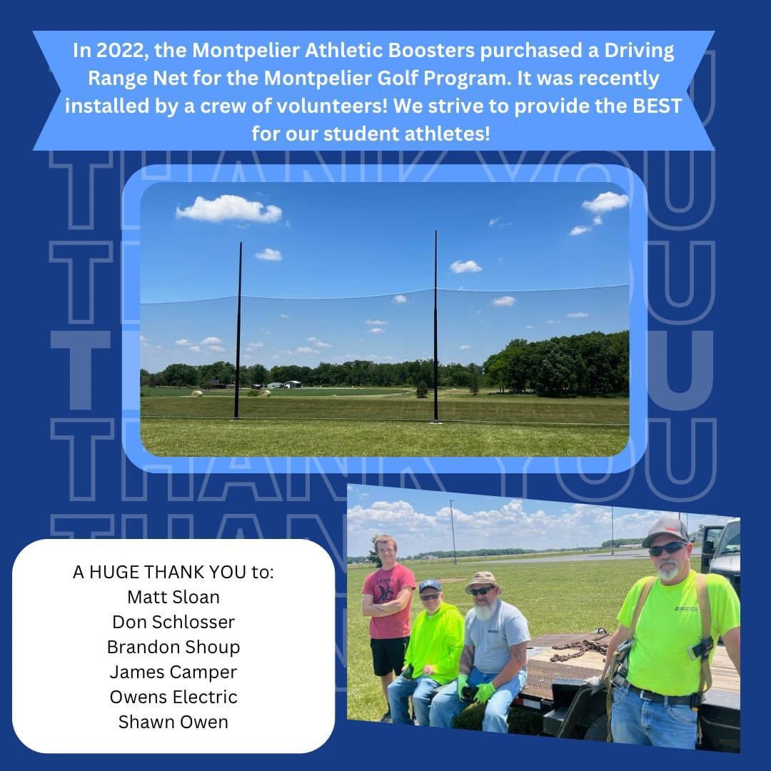 Mont_AthBooster's tweet photo. T H A N K   Y O U . . . 
The Athletic Boosters purchased this golf range net for our student athletes - just in time to get good use of it before their season kicks off in 3 WEEKS!

THANK YOU to Matt Sloan, Don Schlosser, James Camper, Brandon Shoup, Shawn Owen, &amp; Owens Electric! https://t.co/NbCG3aM4tn
