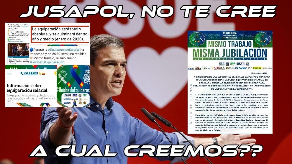 #ULTIMAHORA POLICIAL

🔴 El Partido Socialista Obrero Español se compromete a que g.civiles y policias tengan una #JubilacionIndigna a falta de 5 días para las elecciones generales.

🫵 Que no te engañen han tenido 5 años para hacerlo posible:

Vetaron la #EquiparacionaYa 🤥🤥🤥