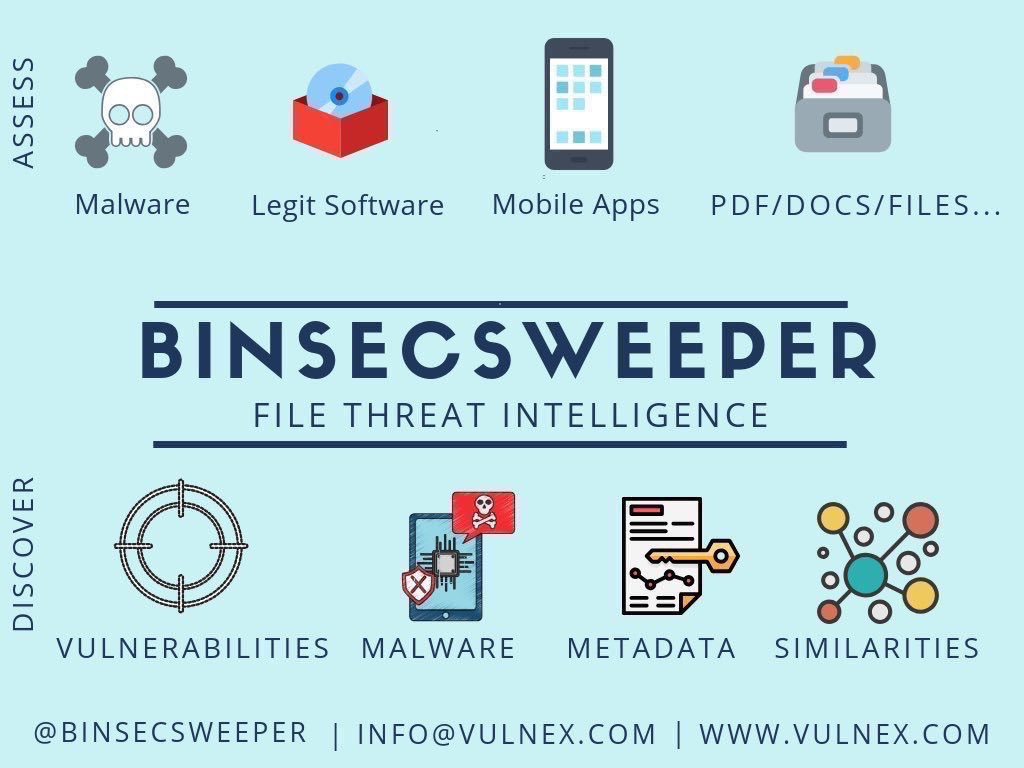 simonroses's tweet photo. Assess any file for security bugs, malware, metadata, similarities and way more data with The File Threat Intelligence Platform. Ask demo info@vulnex.com &amp; https://t.co/g37gszV4v5 #AppSec #BlueTeam #ThreatIntel #CyberSecurity #ThreatIntelligence @vulnexsl @BinSecSweeper https://t.co/PuQB5lB9ZQ