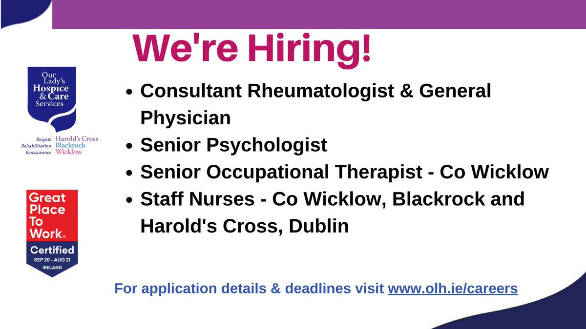 Our Lady's Hospice & Care Services (@ourladyshospice) on Twitter photo Would you like to join our dynamic team? For more details: olh.ie/careers/ #jobs #jobfairy #hiring Would you like to join our dynamic team? For more details: olh.ie/careers/ #jobs #jobfairy #hiring
