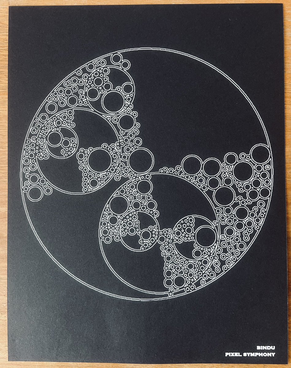 Pixel0Symphony's tweet image. #plotparty Day 1 

Fractal circles with 5 levels of recursion, applied to diametrically opposite segments

Working on Bindu’s algorithm to turn it into a plotter series has been fun. The algorithm is versatile and allows for a depth of variations. Kicking-off a short #plotparty…