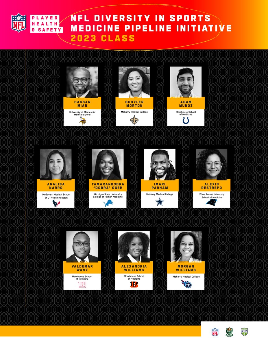 Announcing the medical students from 19 schools who are part of the league-wide Diversity in Sports Medicine Pipeline Initiative this season. 

The students will begin clinical rotations with NFL club medical staffs across the league as training camps open next week.