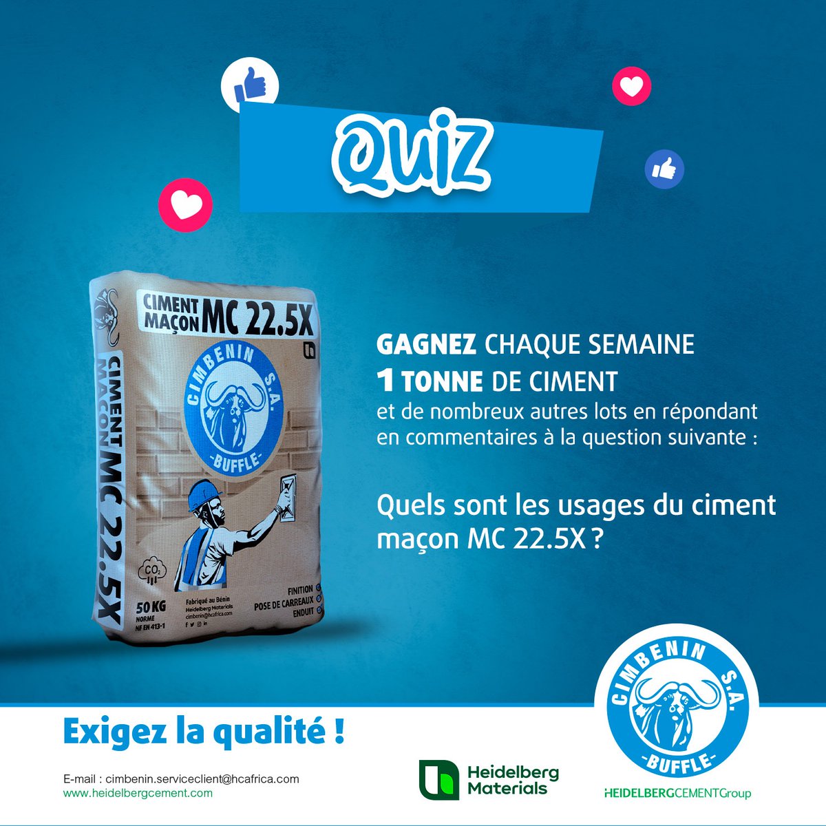 CIMBENIN1's tweet photo. Gagnez chaque semaine 1 tonne de ciment et de nombreux autres lots en répondant en commentaires à la question suivante:
Quels sont les usages du ciment maçon MC 22.5X ?
#Quiz #Jeu #Gagner #CIMBENIN #Finitions #Construction #ConstructionModerne #Bâtiment #Innovation #Technologie https://t.co/4CwmxTTOnZ