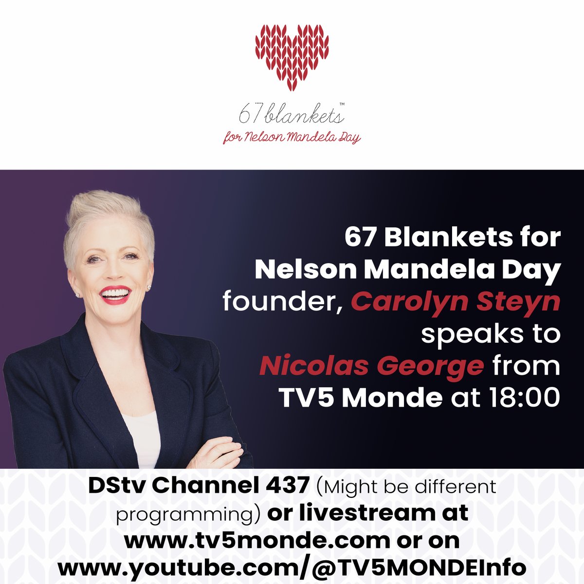 67Blankets's tweet photo. 67 Blankets for Nelson Mandela Day founder, Carolyn Steyn speaks to Nicolas George from @TV5MONDE at 18:00. DStv Channel 437 (Might be different Programming) or livestream at https://t.co/DL7FUDfXsI or on https://t.co/i6eKZNNdHe
#67Blankets
#secretscarves
@Carolyn_Steyn https://t.co/mY7uJFFyIx