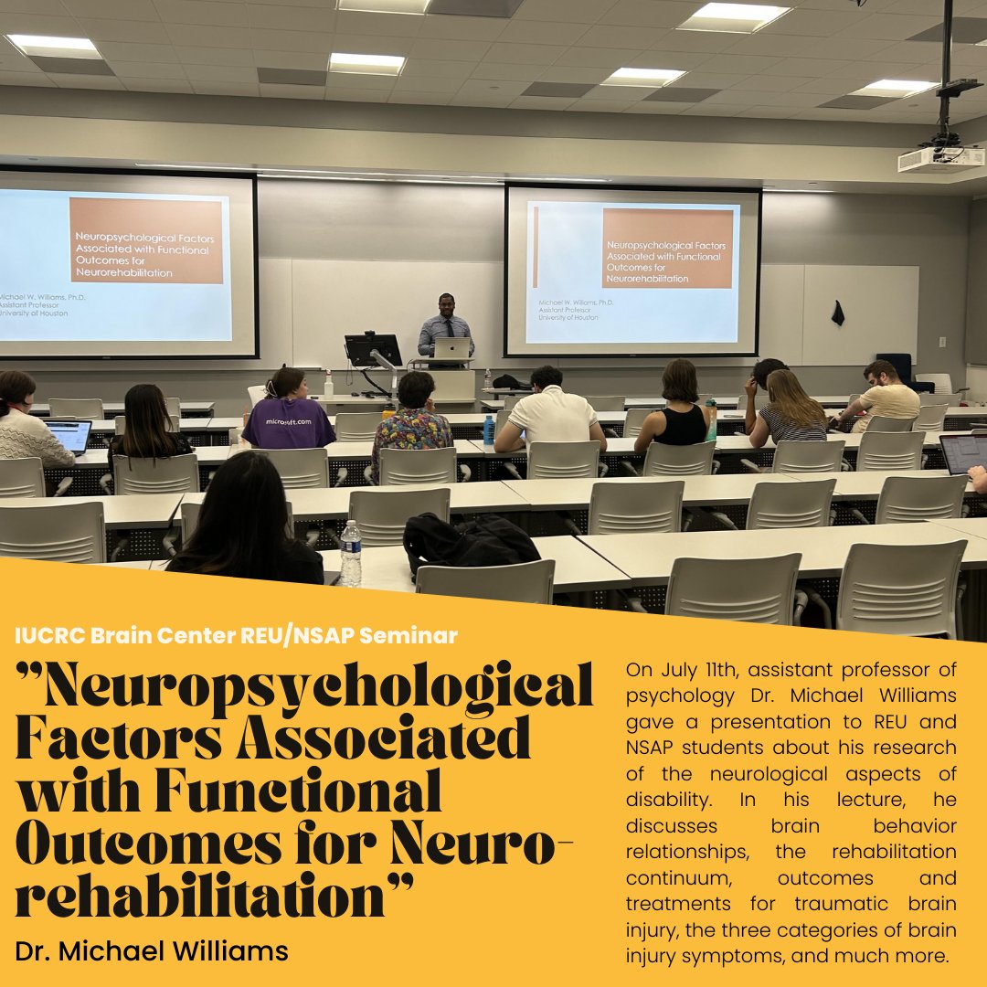 iucrcbrain's tweet photo. On July 11th, assistant professor of psychology Dr. Michael Williams spoke to our interns about his research. He educated students on how to examine neuropsychological aspects of disability, as well as how the brain functions after neurological injury. 

#BRAIN #neurology https://t.co/6y6krZnqVP