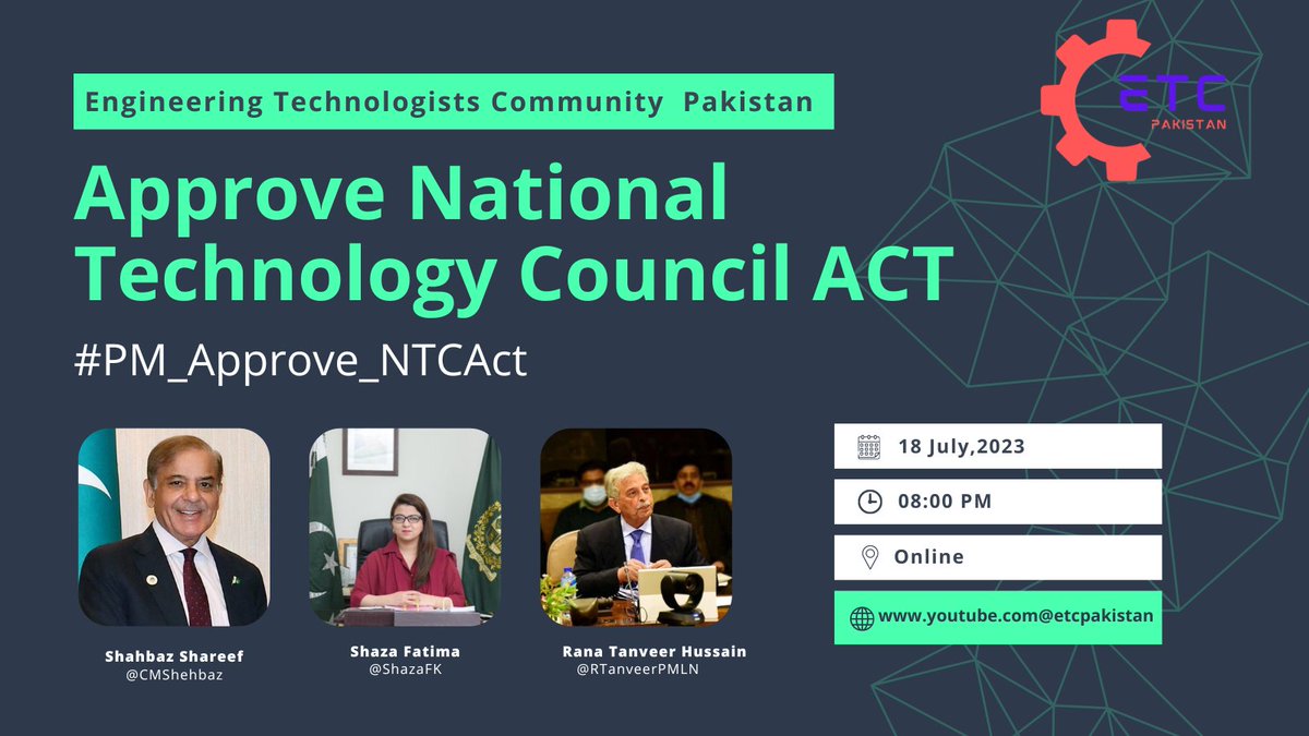 ETC_Pakistan's tweet photo. Engineering Technologists of Pakistan are seeking your attention to secure their future. Approve the National Technology Council Act for the technological development of Pakistan.
@CMShehbaz
@ShazaFK
@RTanveerPMLN
#PM_Approve_NTCAct https://t.co/imgfmdb9u8