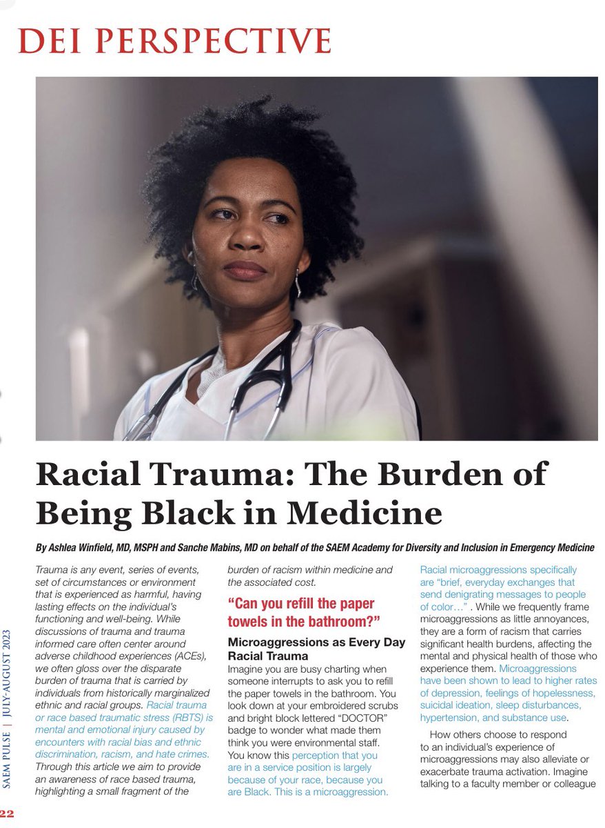 Sanché Mabins, MD (@mabinssanche) on Twitter photo Check out the perspective piece “Racial Trauma: The Burden of Being Black in Medicine” in this month’s issue of #SAEMPulse on behalf of <a href="/SAEM_ADIEM/">SAEM ADIEM Academy</a> . I had the honor to co-author with the wonderful @Ashlea_Danielle !
Read here: issuu.com/saemonline/doc… Check out the perspective piece “Racial Trauma: The Burden of Being Black in Medicine” in this month’s issue of #SAEMPulse on behalf of <a href="/SAEM_ADIEM/">SAEM ADIEM Academy</a> . I had the honor to co-author with the wonderful @Ashlea_Danielle !
Read here: issuu.com/saemonline/doc…