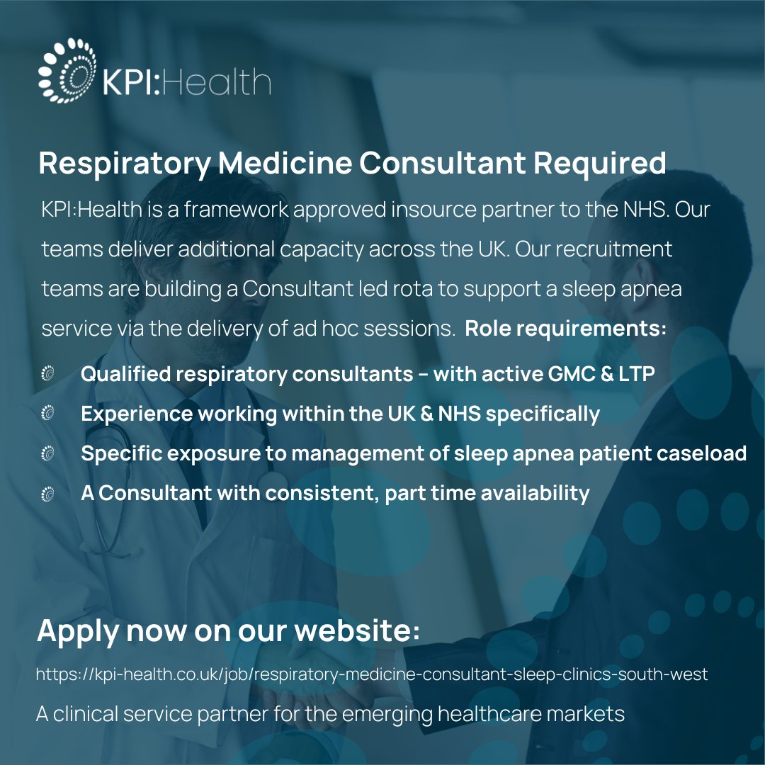 KPI:Health are now speaking to specialists within Respiratory Medicine.

Job Location: South West
Salary: Daily rate (outside of IR35)

💻 kpi-health.co.uk/job/respirator…
✉️ Jack.smith@kpi-health.co.uk

#healthcare #recruitment #jobposting #respiratorymedicine