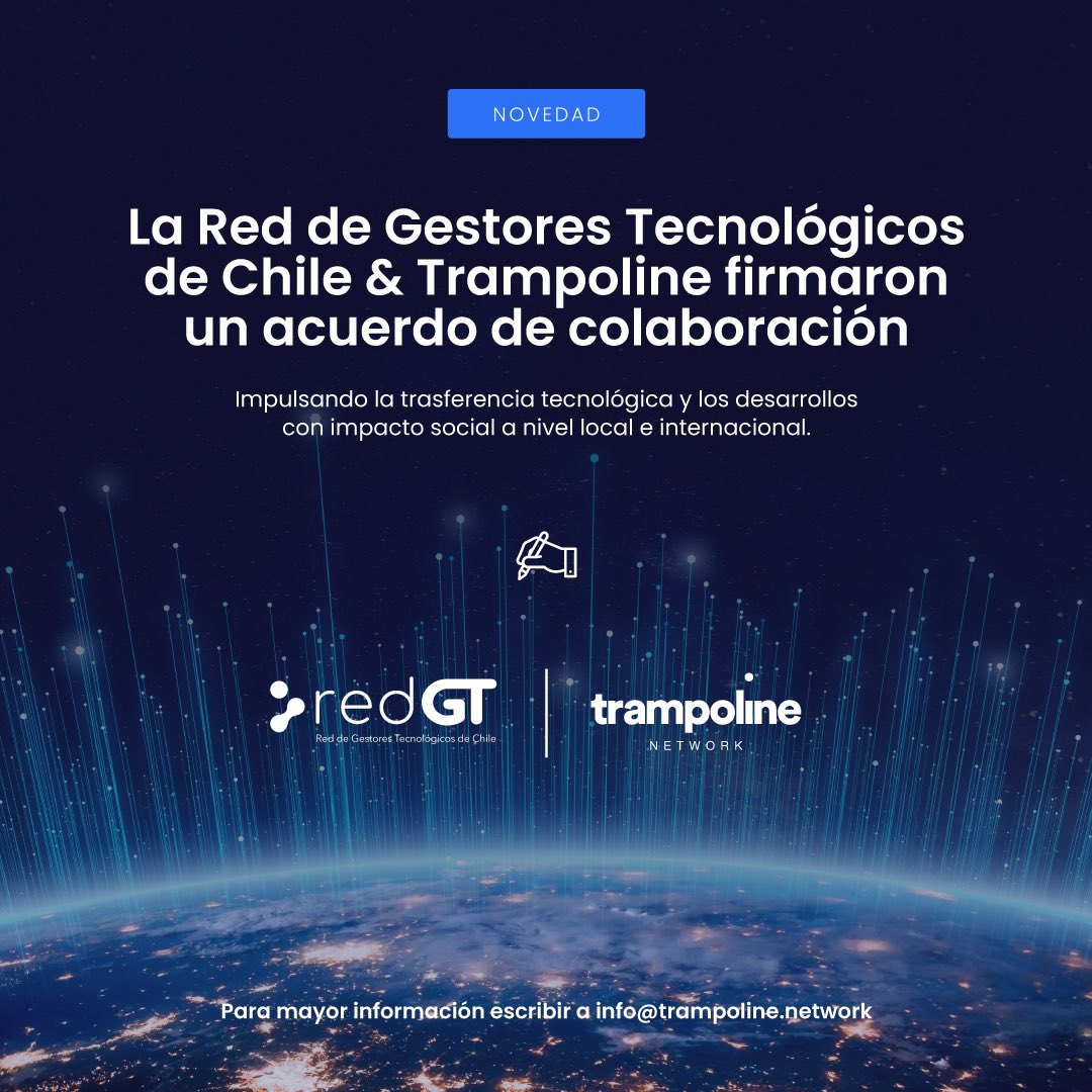 🤝🏼 Orgullosos de anunciar que firmamos un acuerdo de colaboración con <a href="/RedGTChile/">Red de Gestores Tecnológicos de Chile</a>. Una corporación sin fines de lucro que desarrolla acciones tendientes a favorecer la transferencia de tecnologías de origen chileno.