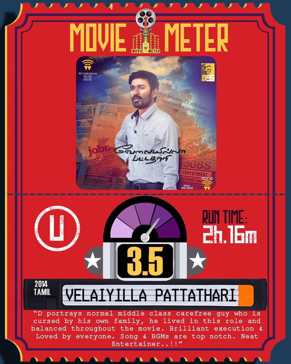 CinemaMeterOff's tweet photo. #VelaiyillaPattathari - [3.5/5]

It's a template film for many youngster's which inspires many. D's casual action is top notch &amp; Ani's BGM elevates this to next level. One of finest commercial made for #Dhanush🎬

#9YearsOfVIP #9YearsOfBBVIP 

What's your Meter? https://t.co/xlx4VPTOjI