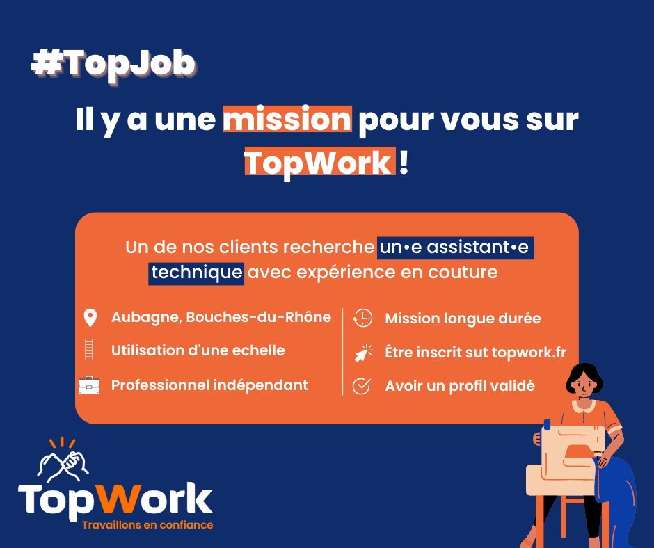 TopworkF's tweet image. 📣 Offre de Mission ! Un de nos client recherche un•e assistant•e technique avec expérience en couture ! 🪡 N’attendez plus pour vous inscrire sur Topwork et contacter notre client qui à besoin de vous !
#topjob #ombrage #missions