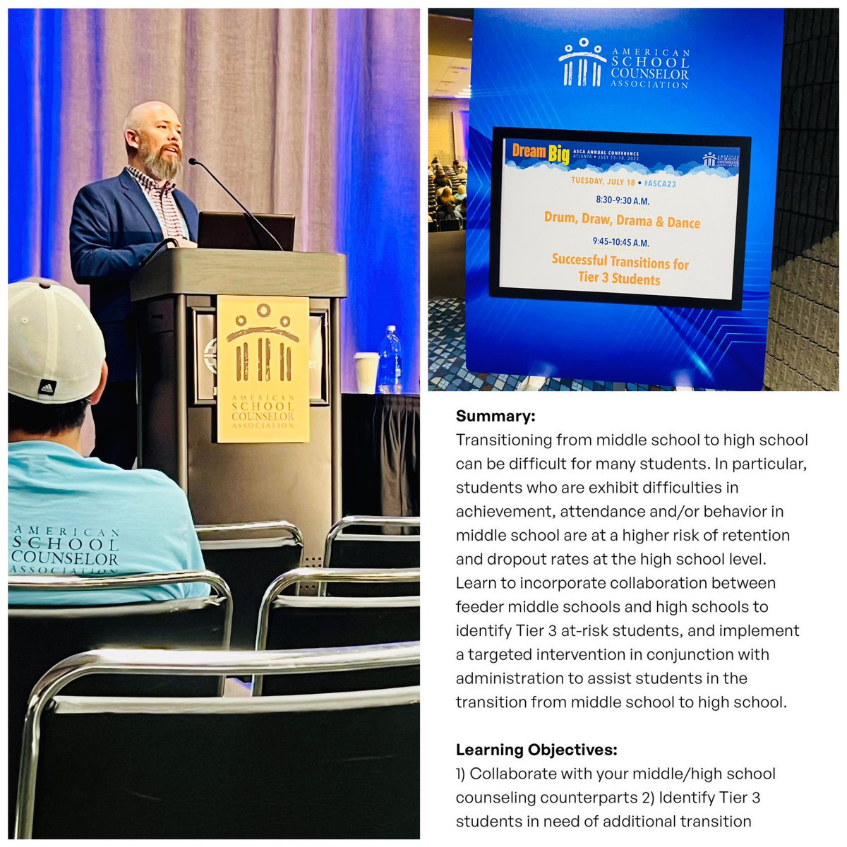 VSCA's tweet photo. Another amazing session this morning from our VSCA member, Mr. Josh Hurley on Successful Transitions for Tier 3 Students. #asca23 #vaisforschoolcounselors #vscainaction https://t.co/OonSUcO9N9