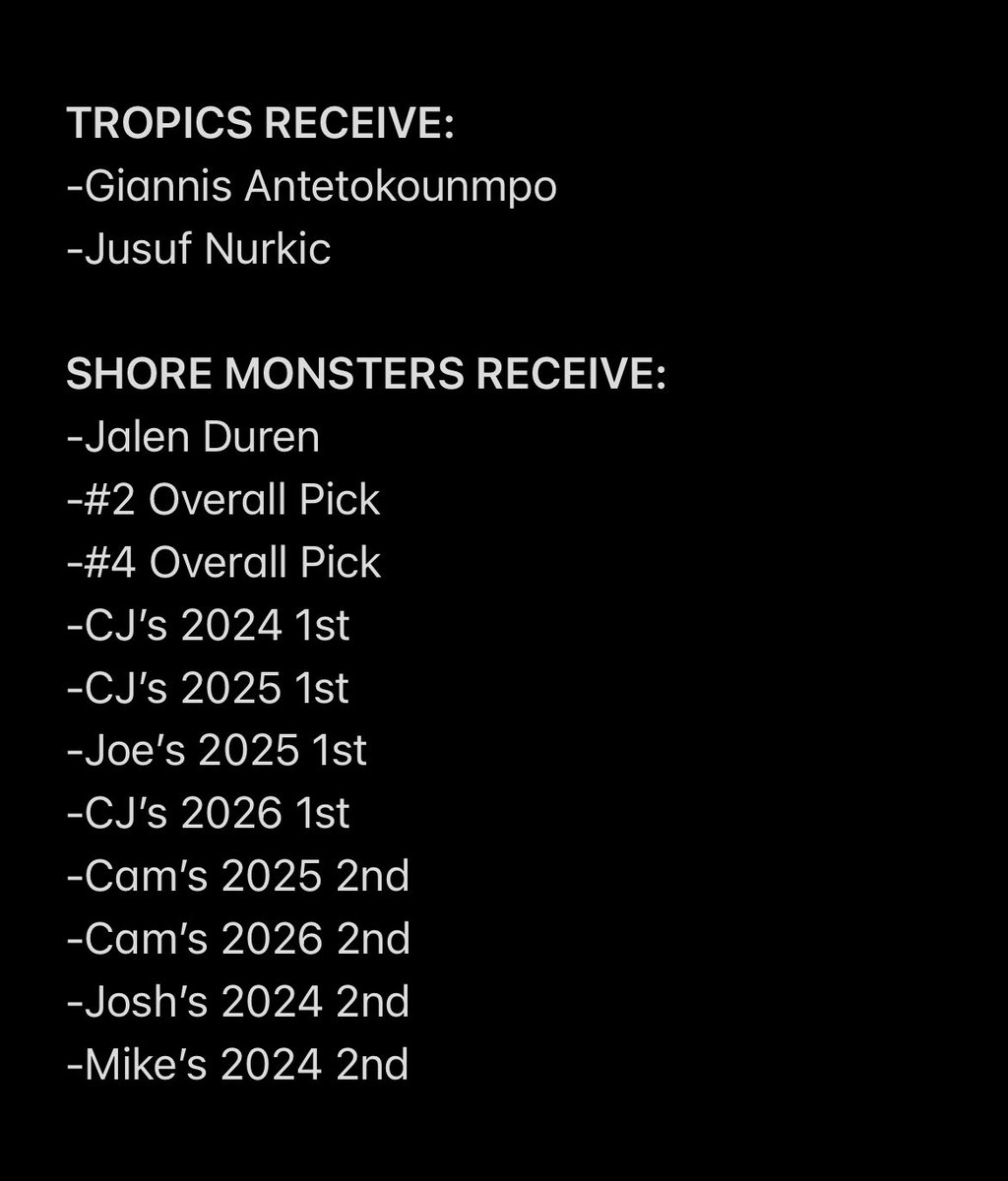 DBLhoops's tweet photo. BREAKING 🚨🚨🚨

When these 2 make a trade, it’s always league-shattering….@FlintTropicsDBL and @ShoreMonsters 😳😳😳 https://t.co/mo55XnR4Ld