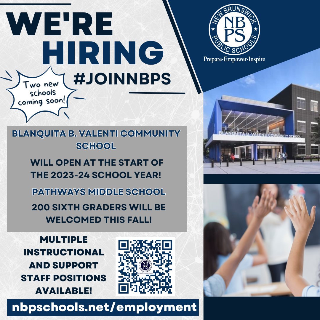 NBPS_HR's tweet photo. Two NEW schools coming soon! Multiple instructional and support staff positions are available - are you ready to #joinNBPS? Apply today! https://t.co/dKYawWNpVe #WeAreHiring #NJTeachers #NBPSHR #NBPS #NBPSLetsGo! https://t.co/ps7AWtb87F