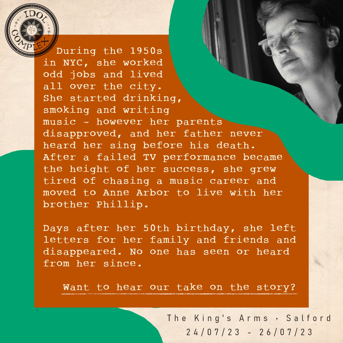 🎭Learn more about our titular star before coming to see ‘What Happened to Connie Converse?’⭐️ Have you got your tickets tet? If not, press the linktree in our bio! We can’t wait to see you there🥳 #ManchesterTheatre #ManchesterFringe #WhatHappenedtoConnieConverse #IdolComplex