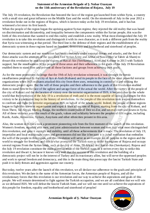 ArmeniaRojava's tweet image. Statement in English of the Armenian Brigade of Ş. Nubar Ozanyan for July 19 Rojava Revolution
#Rojava #rojavadevrimi #Armenians #Syria