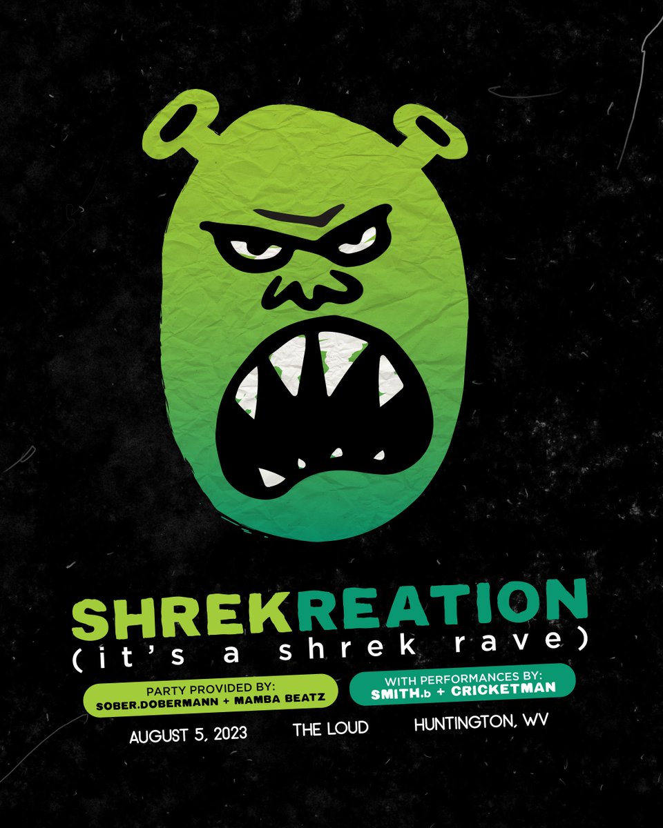 SHREKREATION! (It's a Shrek Rave) 

Dress up as your favorite fairy tale creature, and come get down. With special performances from <a href="/SMITHbProd/">SMITH.b</a> and Cricketman! 

$10 advance / $15 dollars day of show! 
$10 day of show (with costume!)
