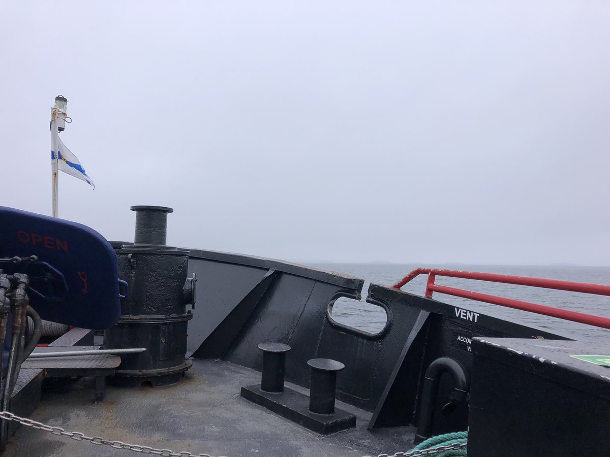 LucyNeatby's tweet photo. Quite a crowd waiting for the ferry this morning. The fog and damp is unsticking my paper piecing templates. It’s amazing what they can fit on this boat! #ferryride #tancookferry #englishpaperpiecing https://t.co/Ooy5XHg0b0